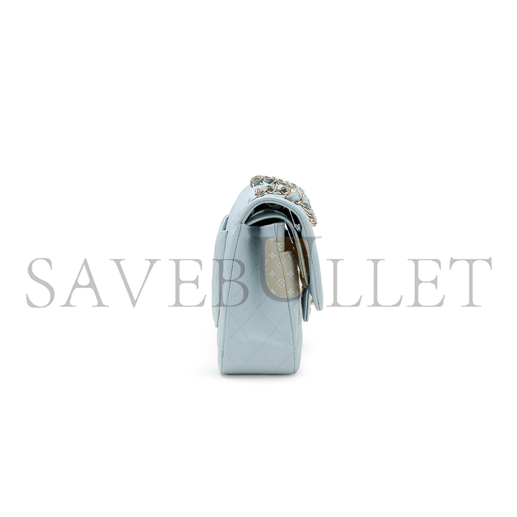 Ch*el medium classic double flap bag blue quilted caviar light gold hardware (25*15*7cm)